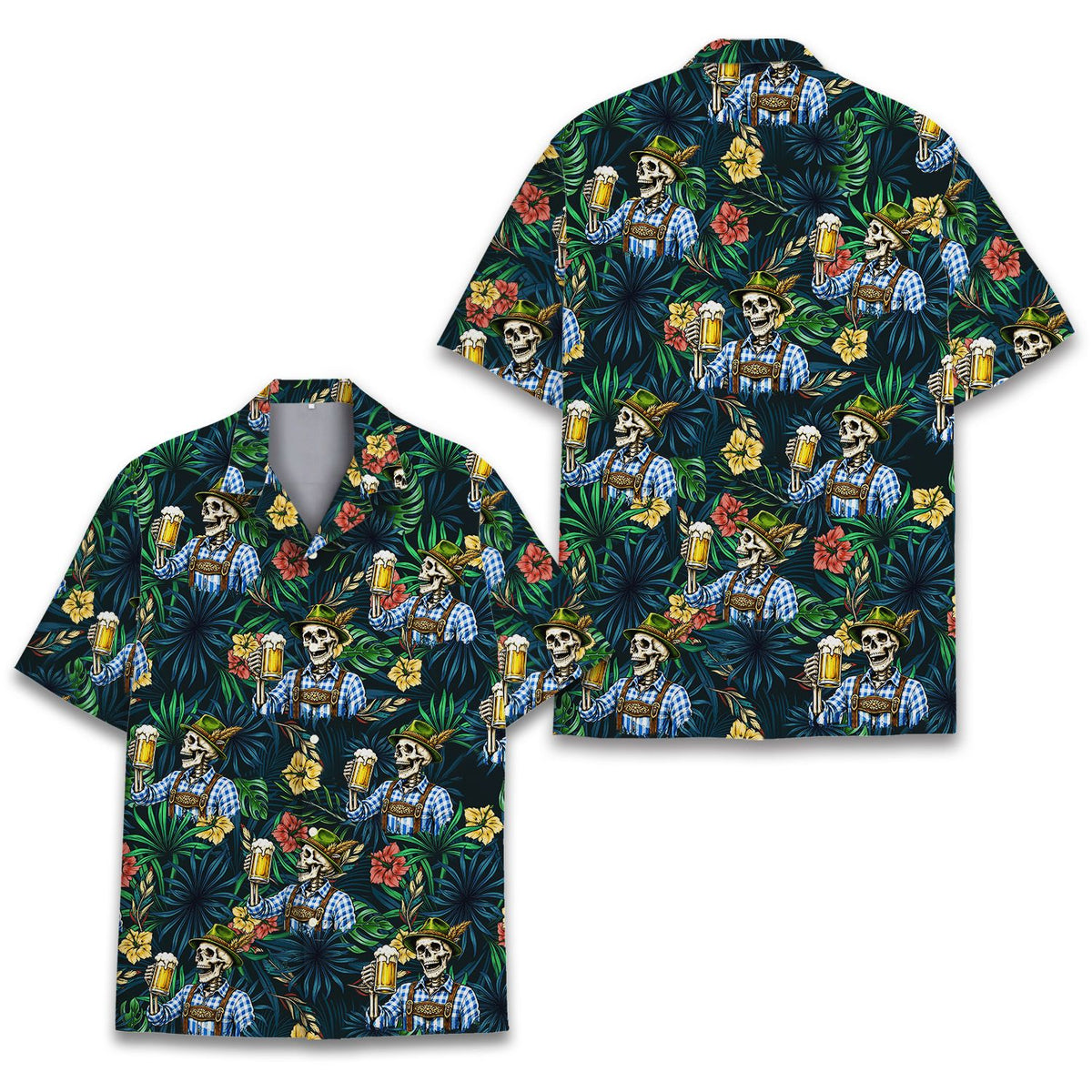 Close-up front view of the tropical Oktoberfest skeleton hawaiian shirt