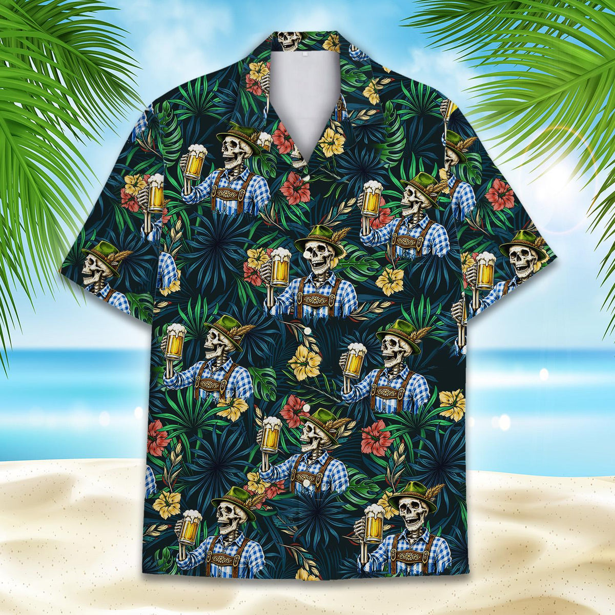 Main view of the Oktoberfest skeleton hawaiian shirt featuring tropical palm leaves