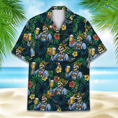 Main view of the Oktoberfest skeleton hawaiian shirt featuring tropical palm leaves