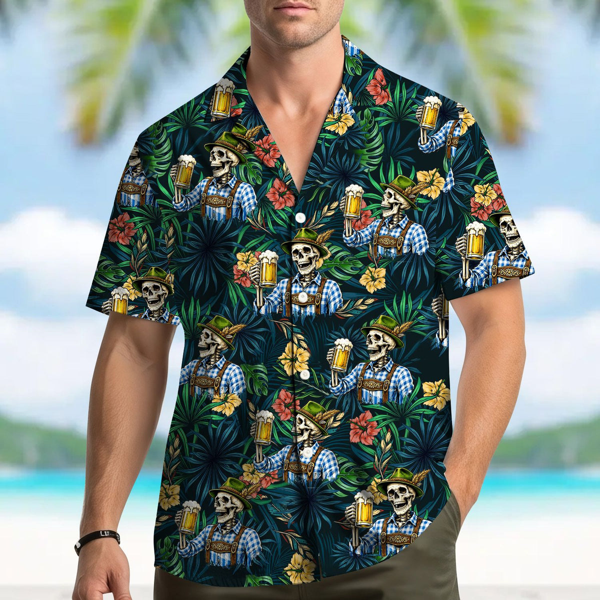 Second lifestyle view of a person wearing the Oktoberfest skeleton hawaiian shirt