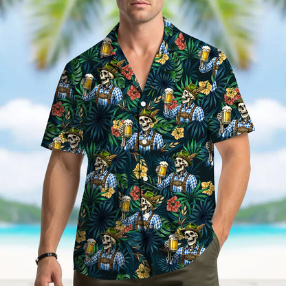 Second lifestyle view of a person wearing the Oktoberfest skeleton hawaiian shirt