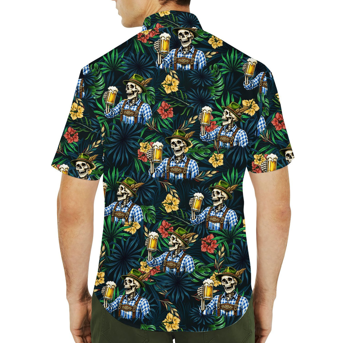 Third lifestyle view of a person wearing the Oktoberfest skeleton hawaiian shirt