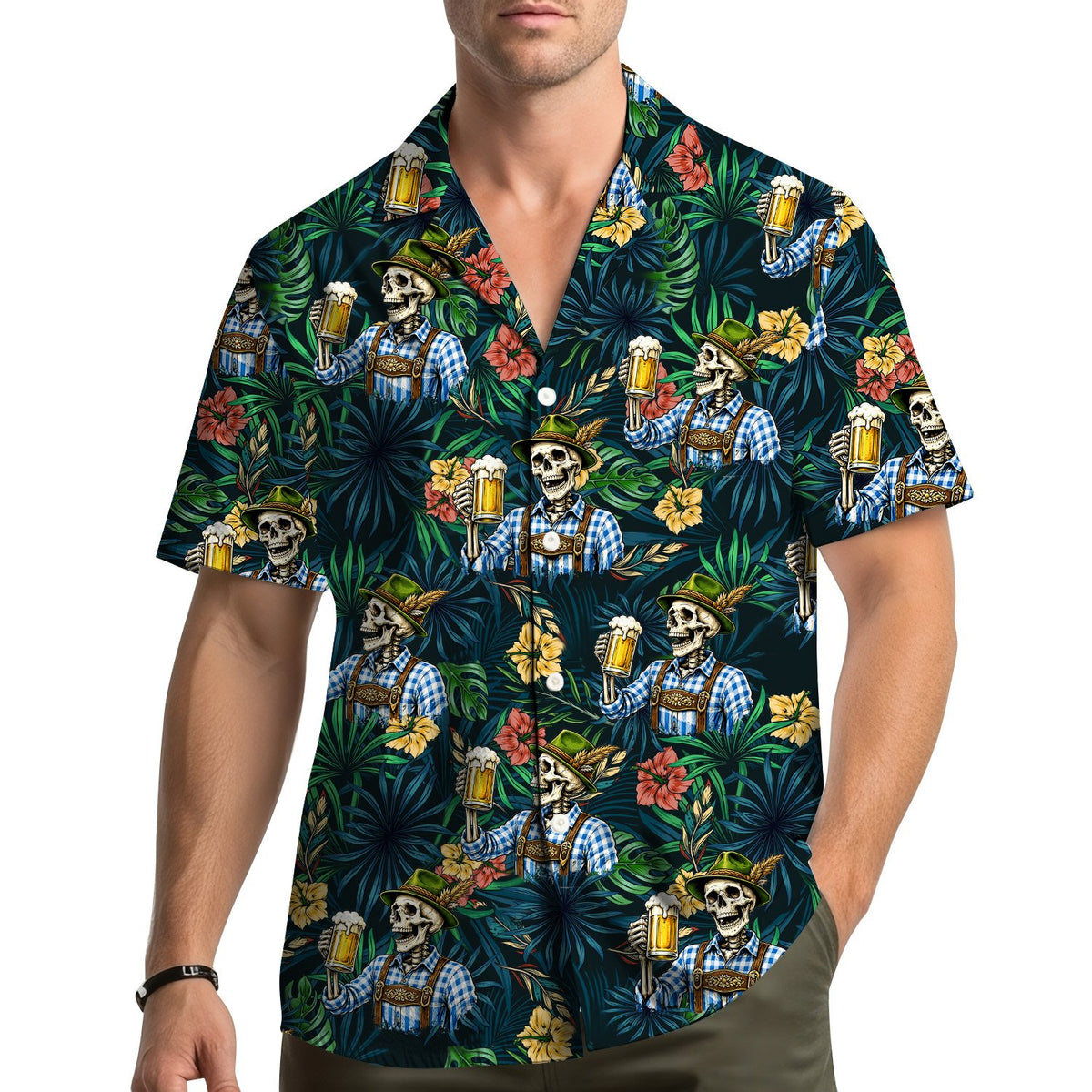 Lifestyle view of a person wearing the Oktoberfest skeleton hawaiian shirt
