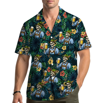Lifestyle view of a person wearing the Oktoberfest skeleton hawaiian shirt