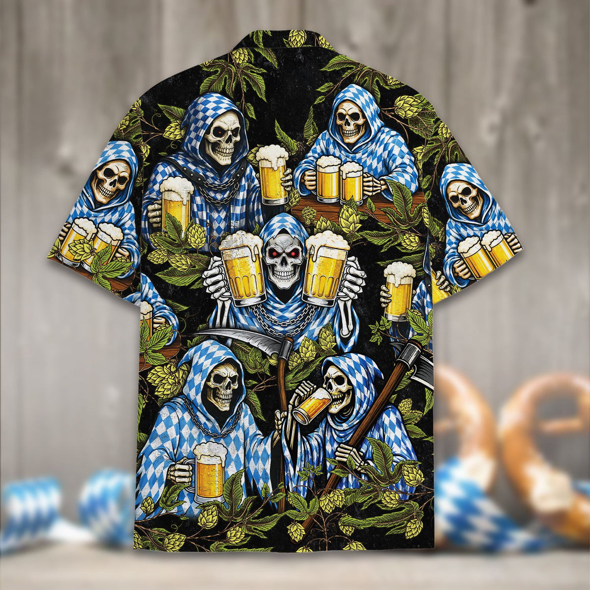 Another back view of the Oktoberfest skeletons Hawaiian shirt