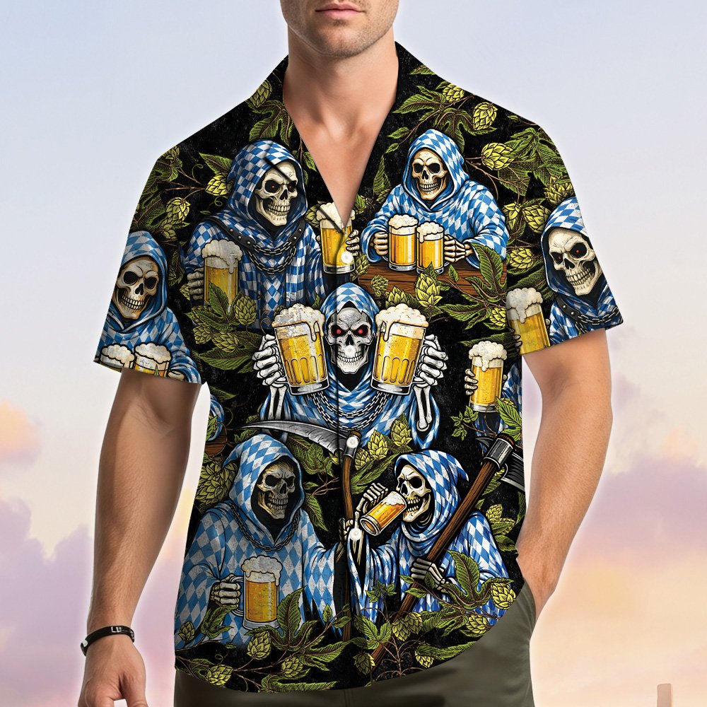 Back view of the matching family Hawaiian shirt with skeletons pattern