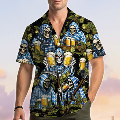 Back view of the matching family Hawaiian shirt with skeletons pattern