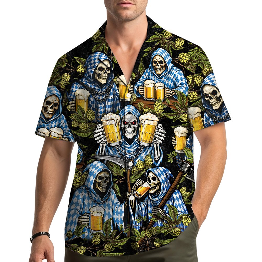 Another front view of the Oktoberfest skeletons Hawaiian shirt
