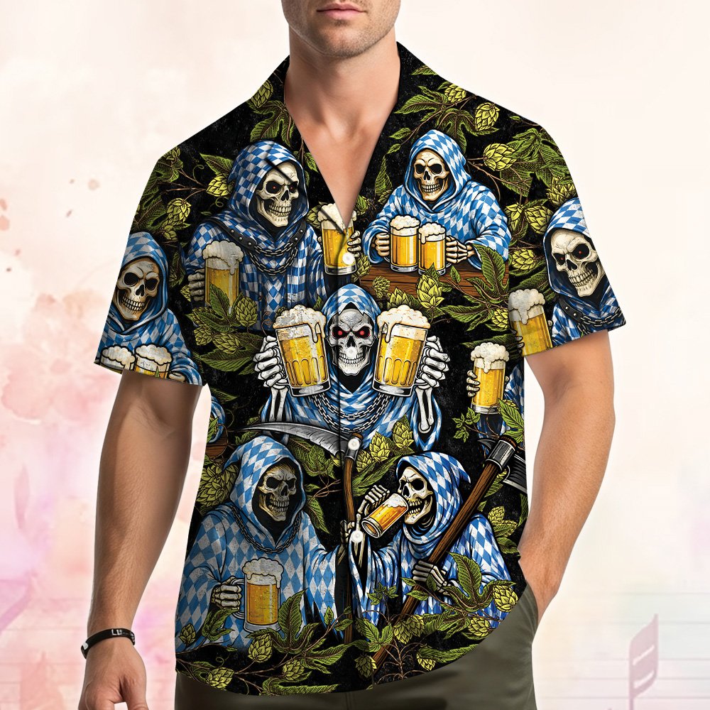 Matching family Hawaiian shirts featuring Oktoberfest skeletons and beer mugs pattern
