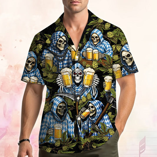 Matching family Hawaiian shirts featuring Oktoberfest skeletons and beer mugs pattern