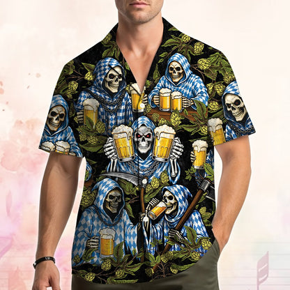Front view of the Oktoberfest skeletons Hawaiian shirt on black background