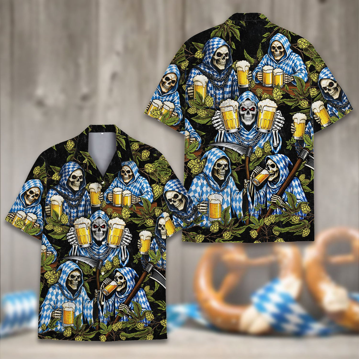 Third lifestyle view showing the Halloween Hawaiian shirt in action