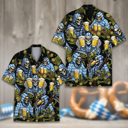 Third lifestyle view showing the Halloween Hawaiian shirt in action