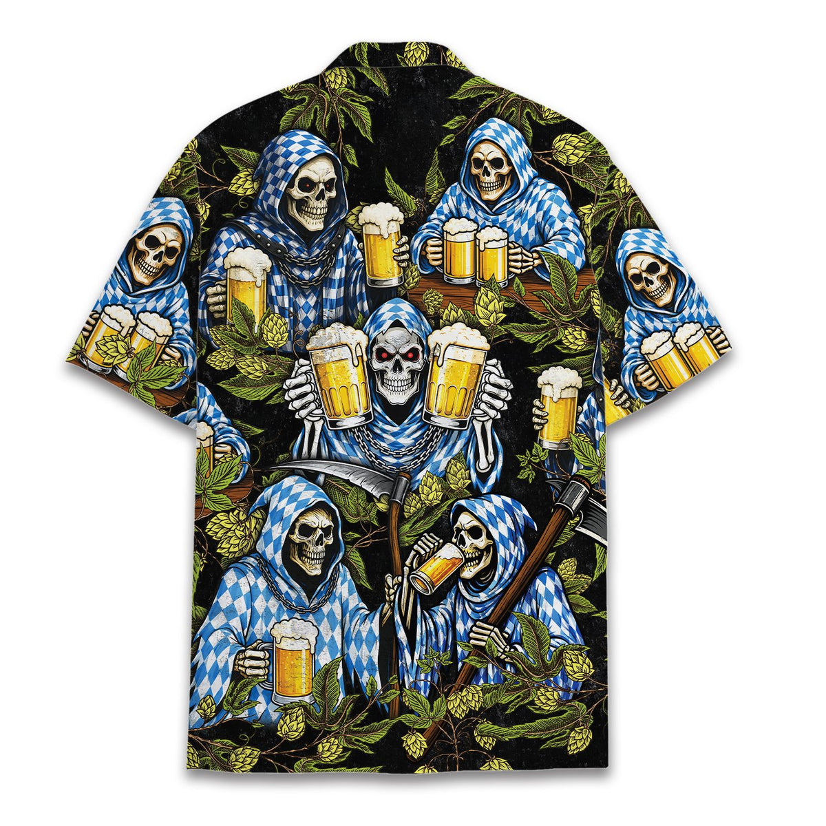Lifestyle view of a person wearing the Oktoberfest skeletons Hawaiian shirt