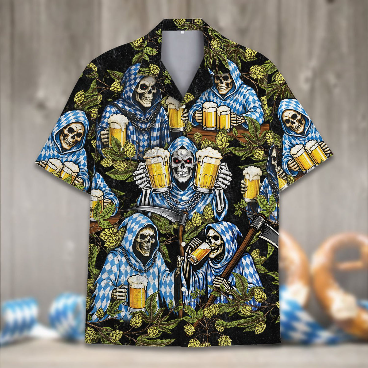 Detailed view of the Oktoberfest skeletons and hops pattern