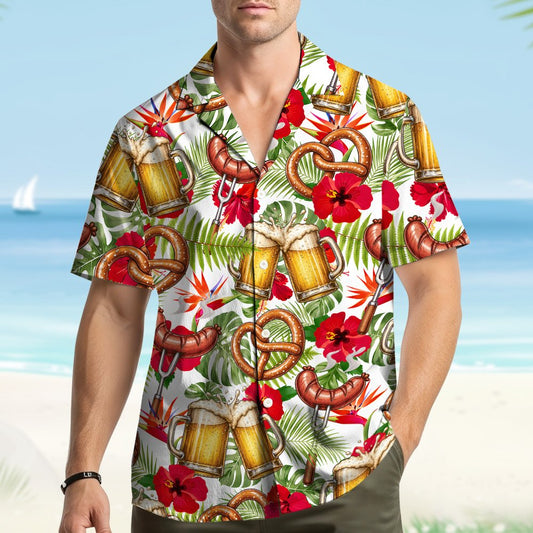 Oktoberfest tropical hawaiian shirt featuring beer mugs and hibiscus flowers, main front view