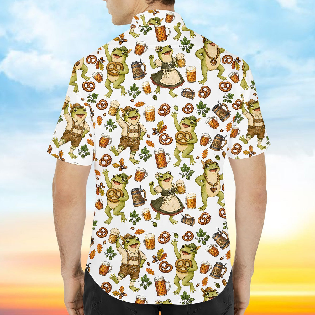 Back view of the Oktoberfest hawaiian shirt, alternate angle 2
