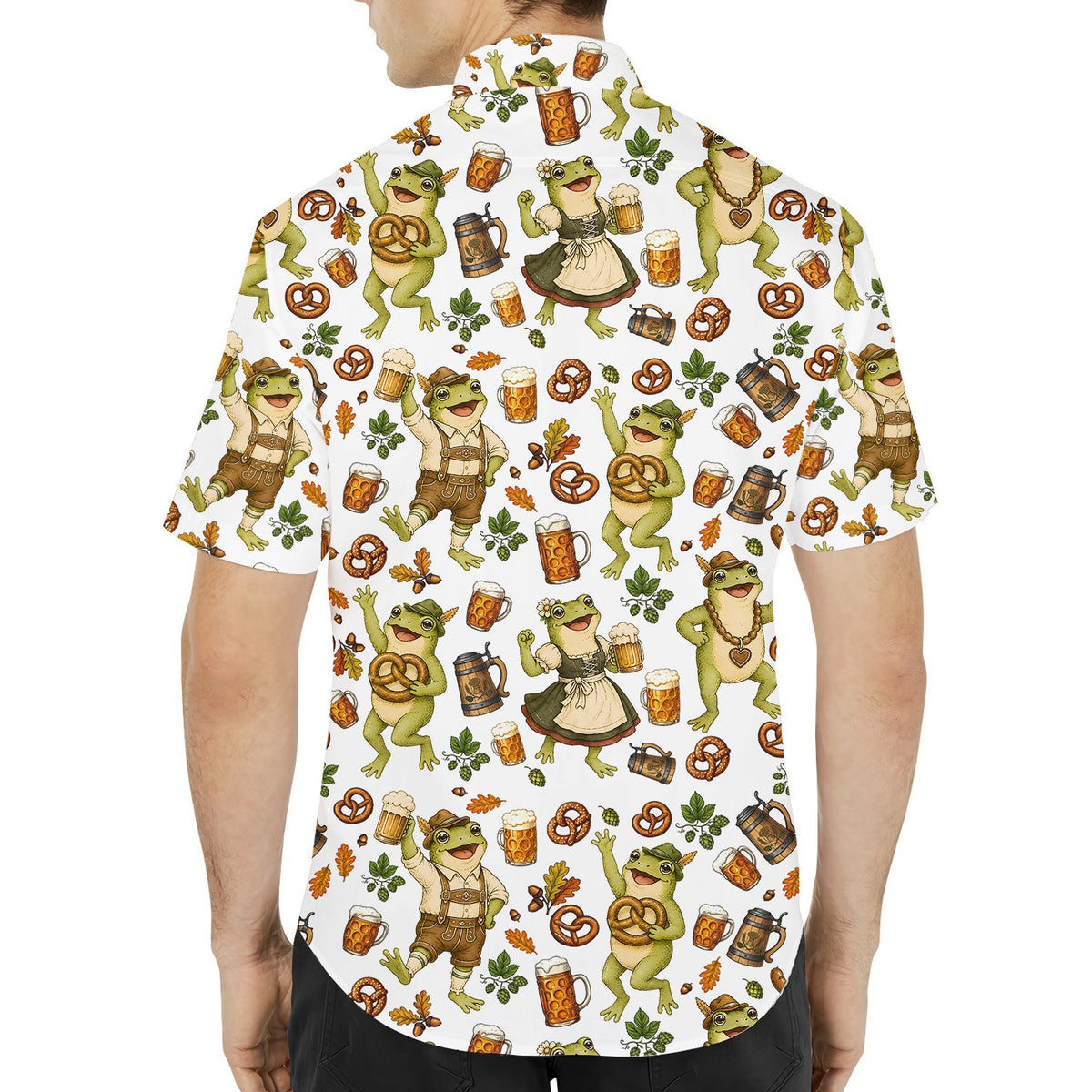Back view of the matching family hawaiian shirts with Oktoberfest frog design