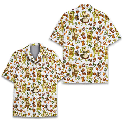 Front view of the Oktoberfest hawaiian shirt, alternate angle 1