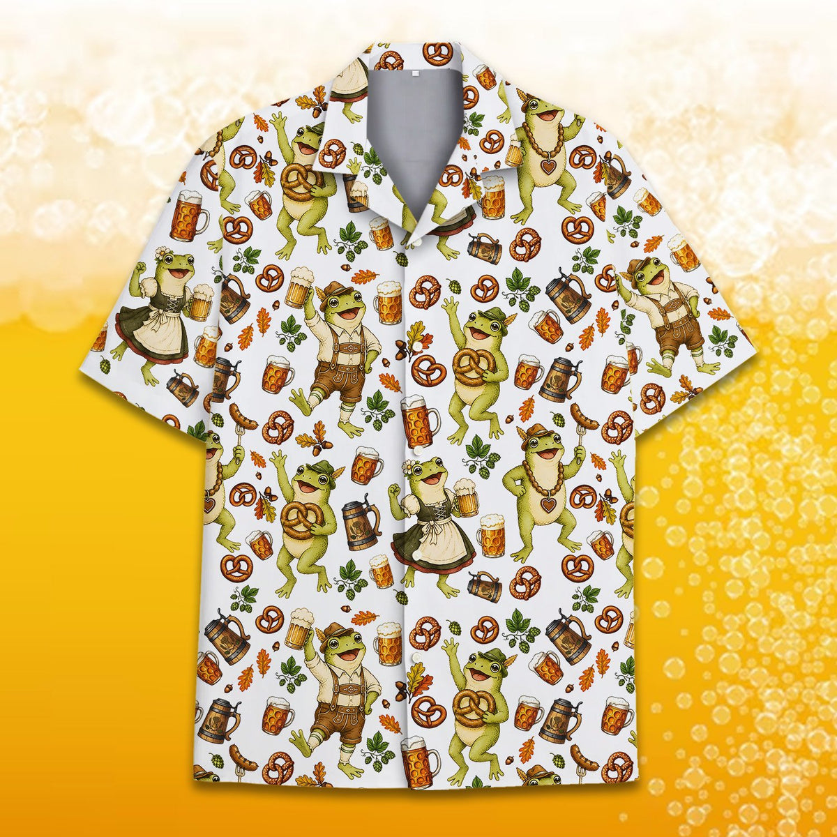 Front view of the Oktoberfest hawaiian shirt, alternate angle 2