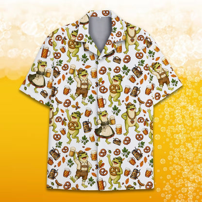 Front view of the Oktoberfest hawaiian shirt, alternate angle 2