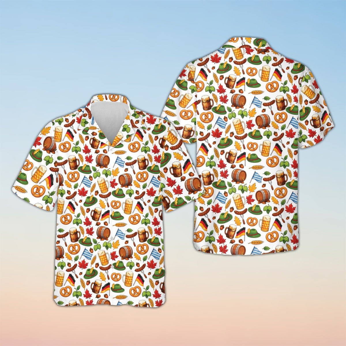 Matching family hawaiian shirts with Oktoberfest pattern, white background, main view