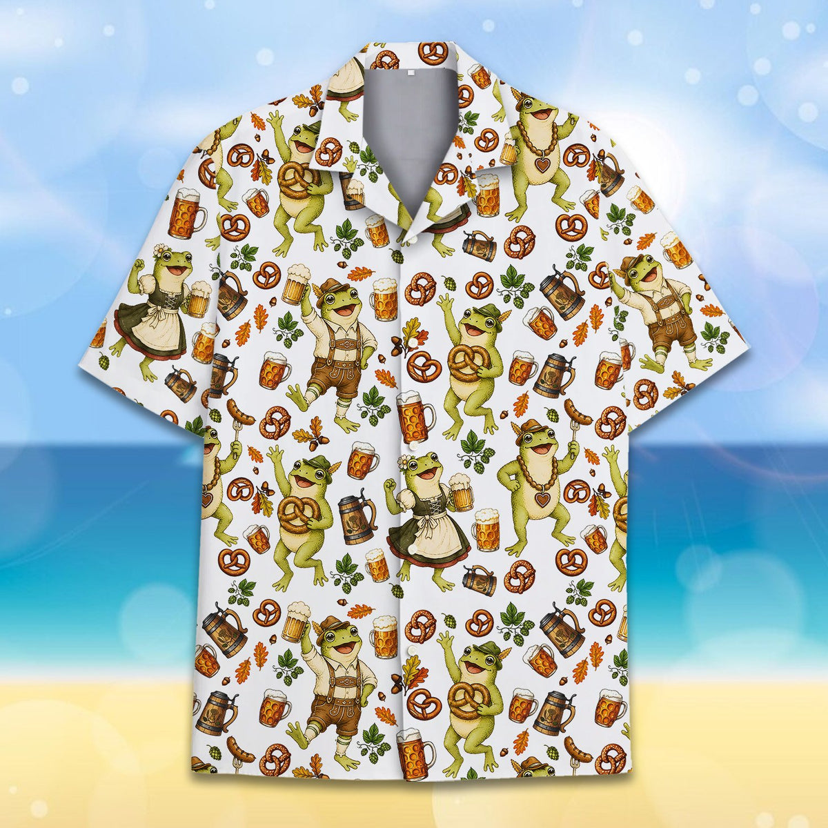 Front view of the Oktoberfest hawaiian shirt, alternate angle 3
