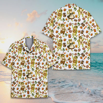 Oktoberfest hawaiian shirt with cartoon frogs and pretzels on white, alternative main view