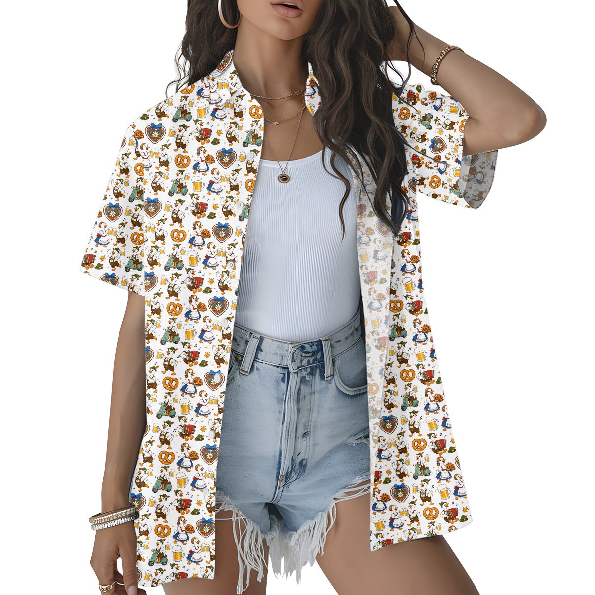 Second lifestyle view of the white Oktoberfest Hawaiian shirt outdoors