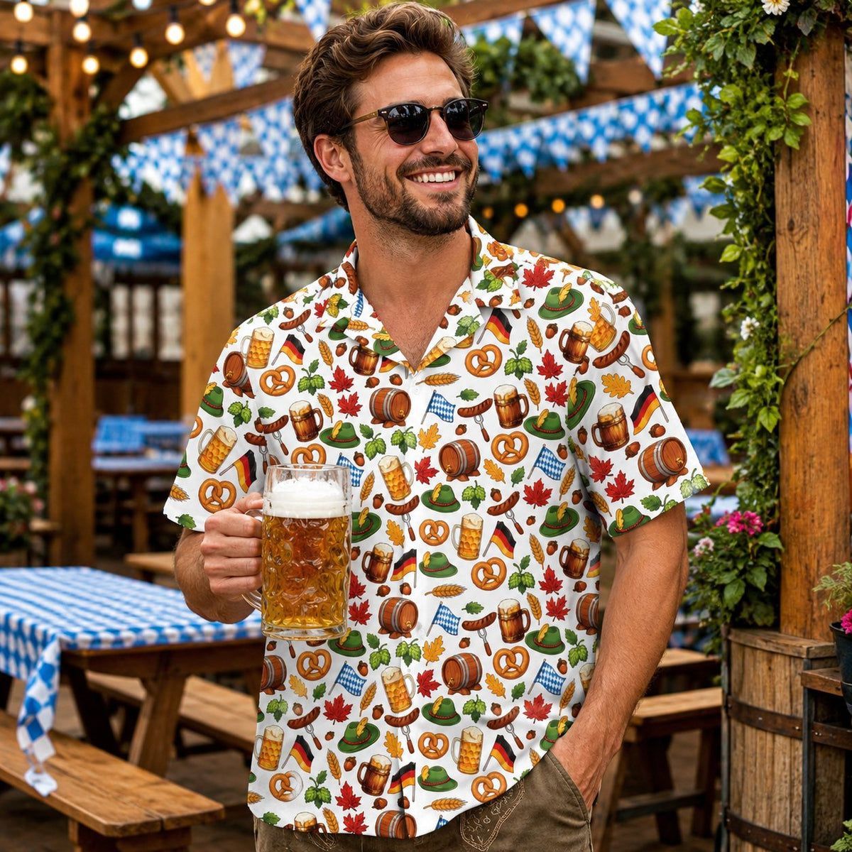 Man wearing the white Oktoberfest hawaiian shirt outdoors, lifestyle view