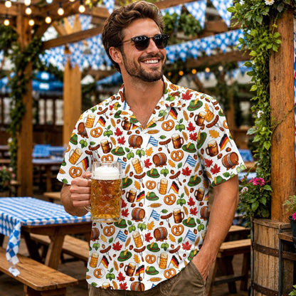 Man wearing the white Oktoberfest hawaiian shirt outdoors, lifestyle view