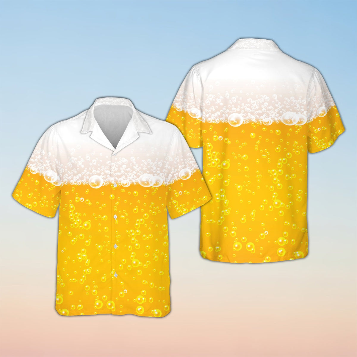 Front view of yellow beer glass design Oktoberfest Hawaiian shirt