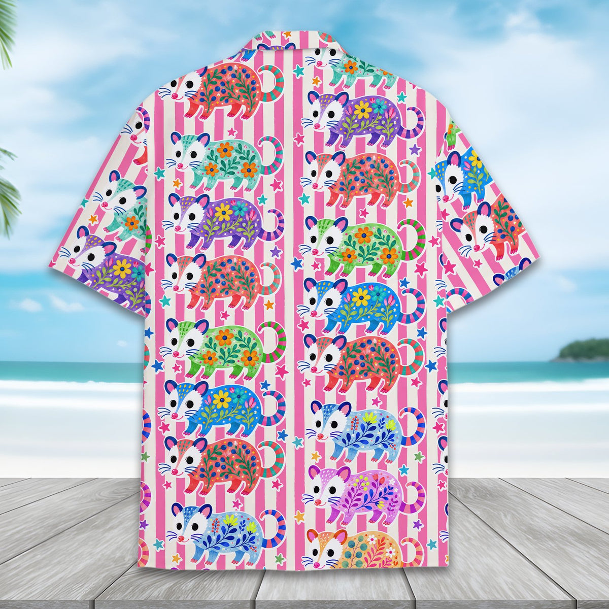 Pink opossum hawaiian shirt back view 2