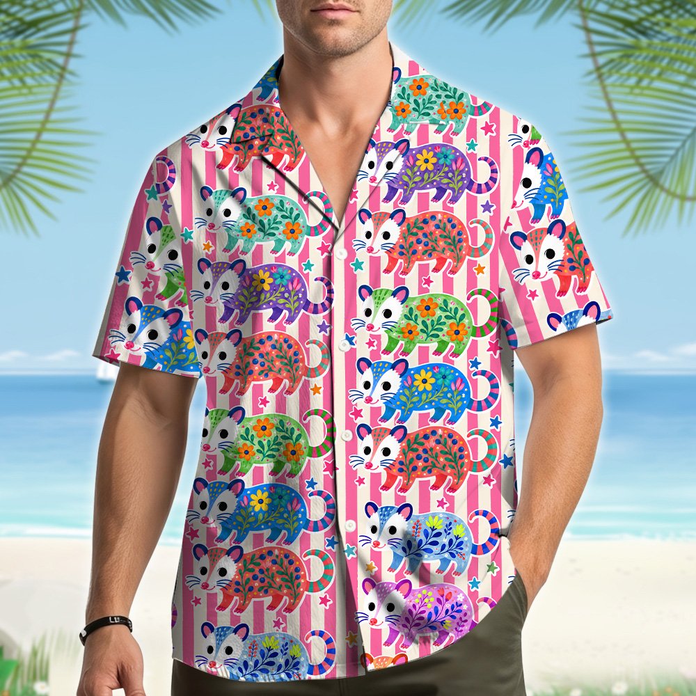 Family wearing pink opossum hawaiian shirts lifestyle view 2