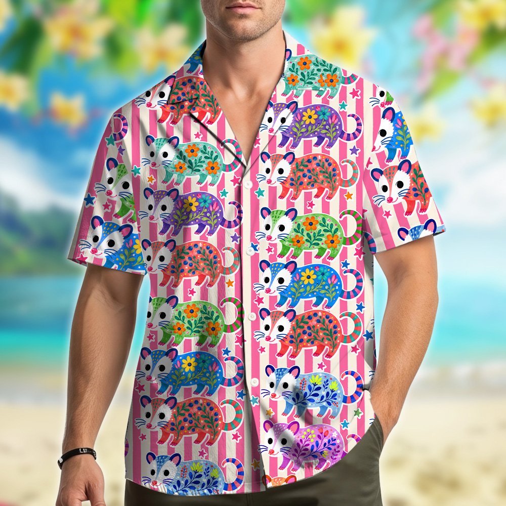 Family wearing pink opossum hawaiian shirts lifestyle view 3