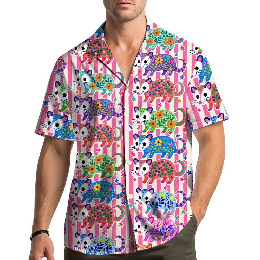 Family wearing pink opossum hawaiian shirts lifestyle view