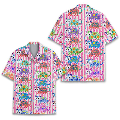 Pink opossum floral pattern shirt front view 2