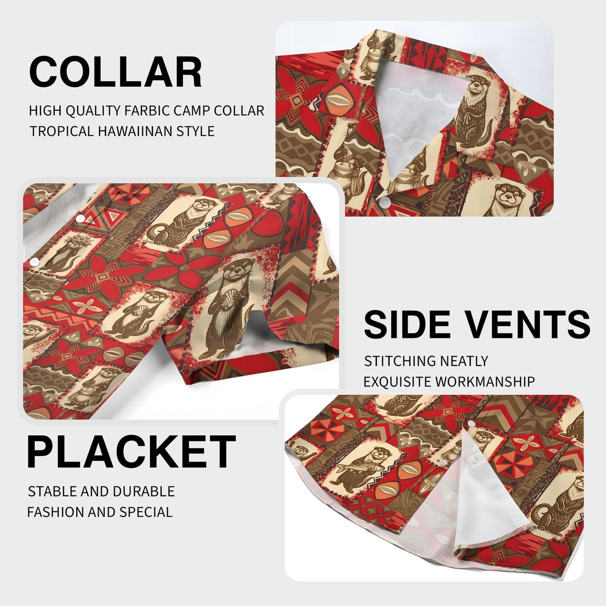 Detailed view of the geometric otter print on the red hawaiian shirt