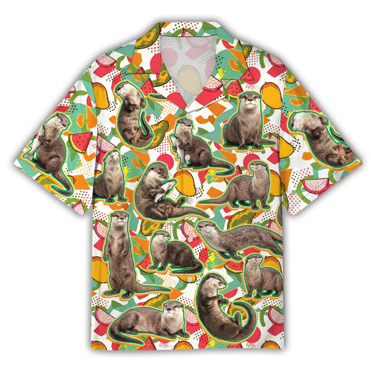 Front view of the white otters hawaiian shirt featuring sea otters and tropical fruits