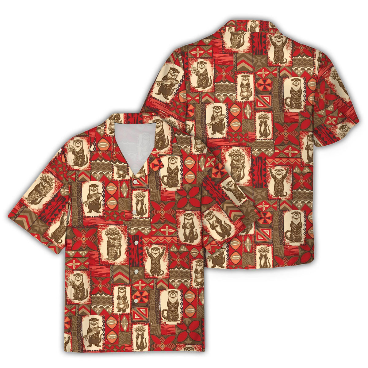 Red otters hawaiian shirt with tribal geometric pattern, main view