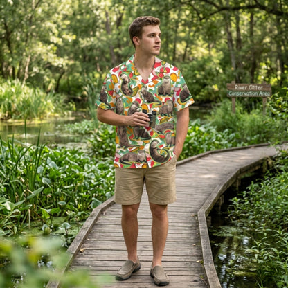 Third lifestyle image of the matching family hawaiian shirts at the beach
