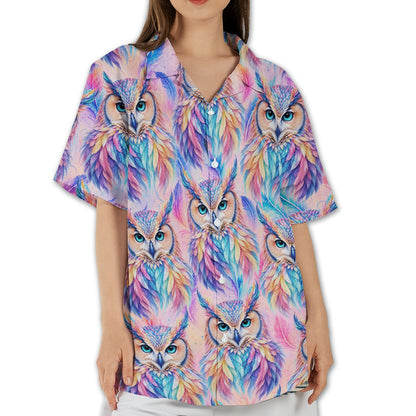 Matching family hawaiian shirt featuring colorful pastel owls, front view