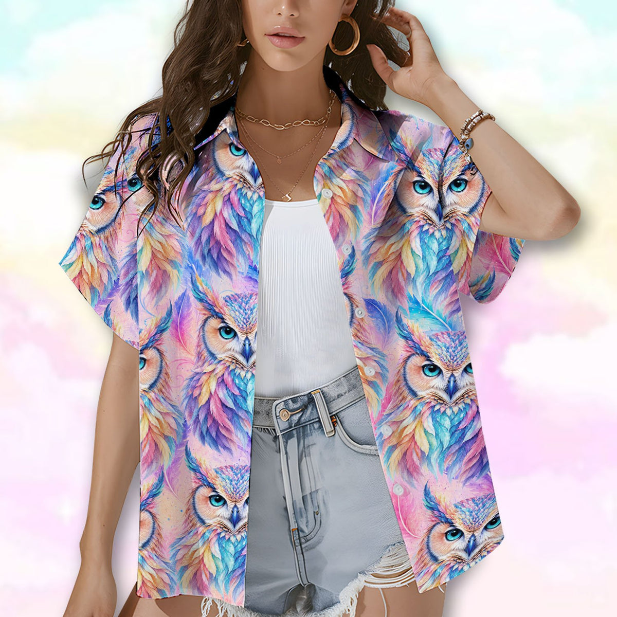 Close-up lifestyle shot of the pink owl hawaiian shirt pattern