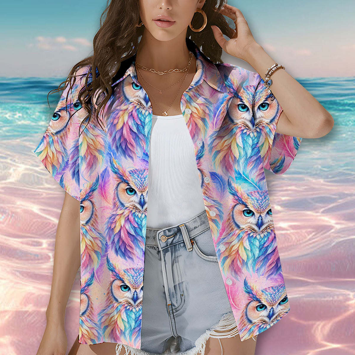 Family matching hawaiian shirts with owl design, lifestyle view
