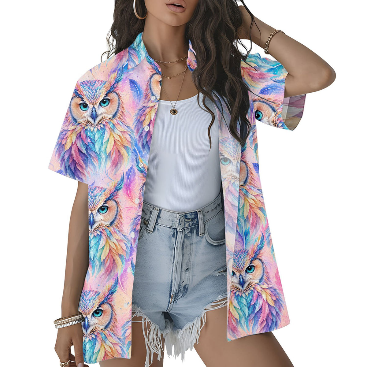 Person modeling the pastel pink owl hawaiian shirt