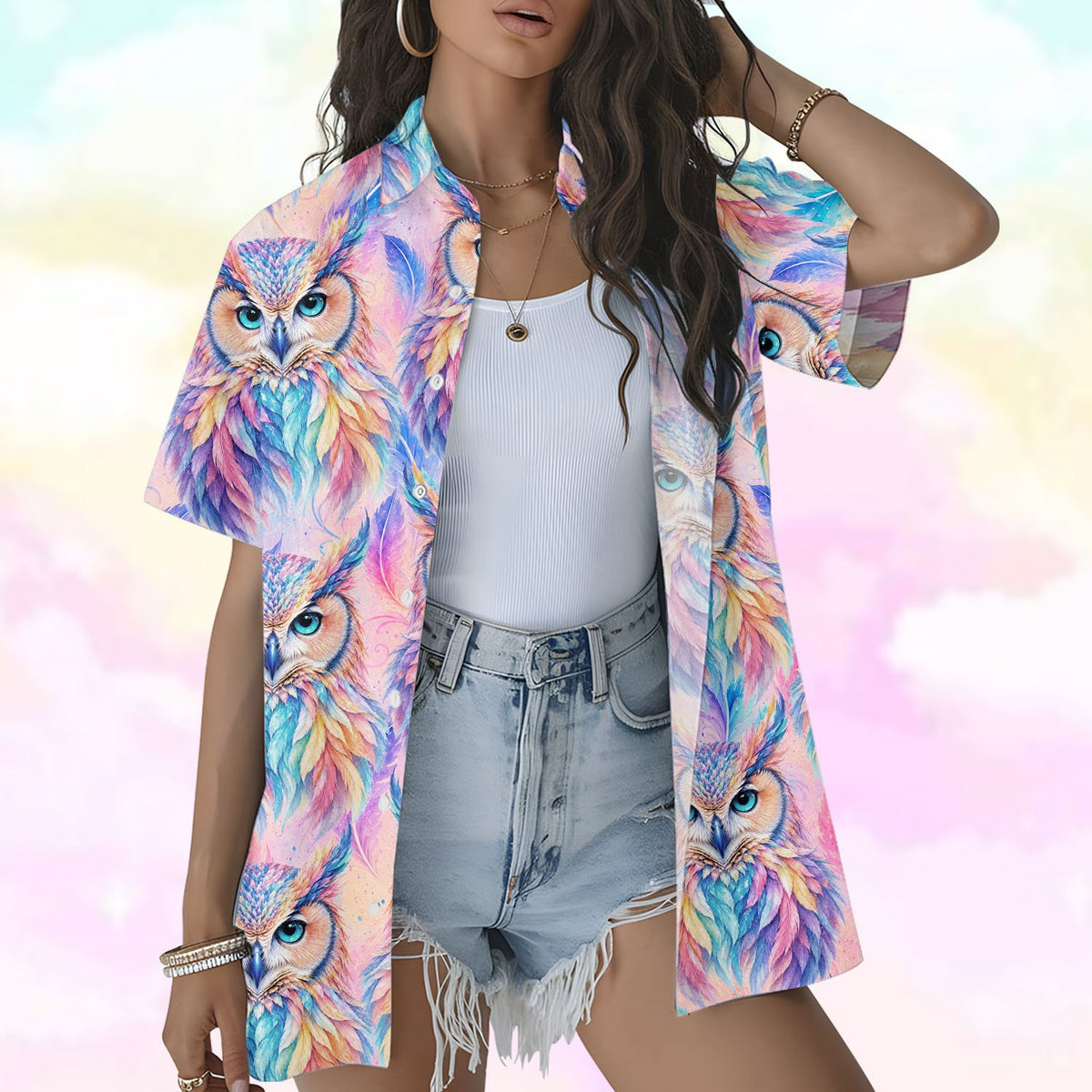 Another lifestyle view showing the fit of the owl hawaiian shirt