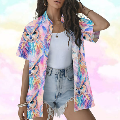 Another lifestyle view showing the fit of the owl hawaiian shirt