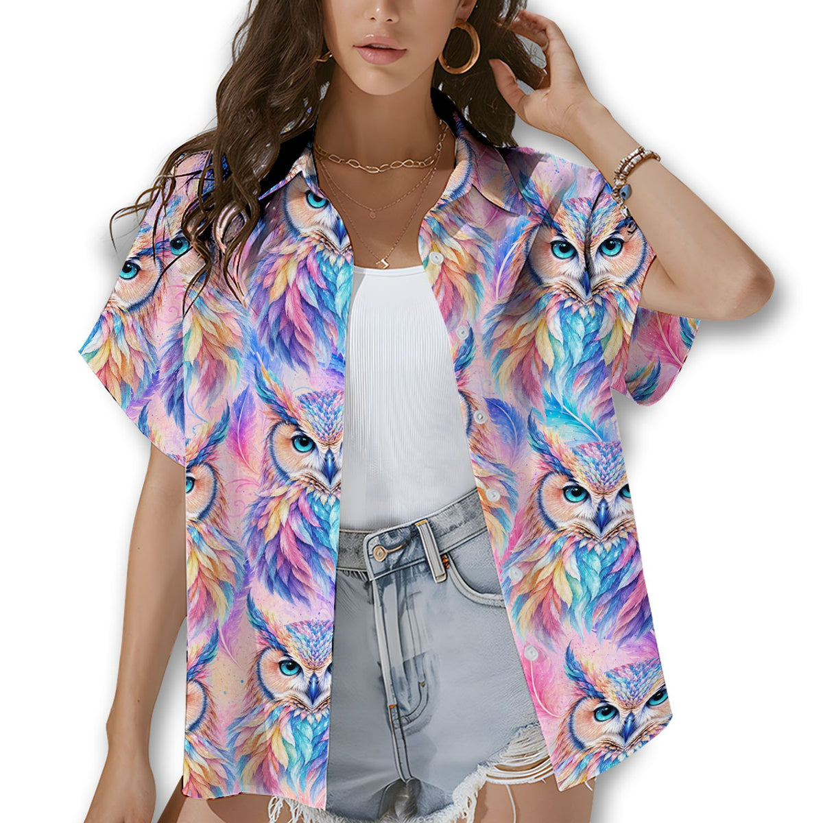 Lifestyle view of someone wearing the pastel owl hawaiian shirt outdoors