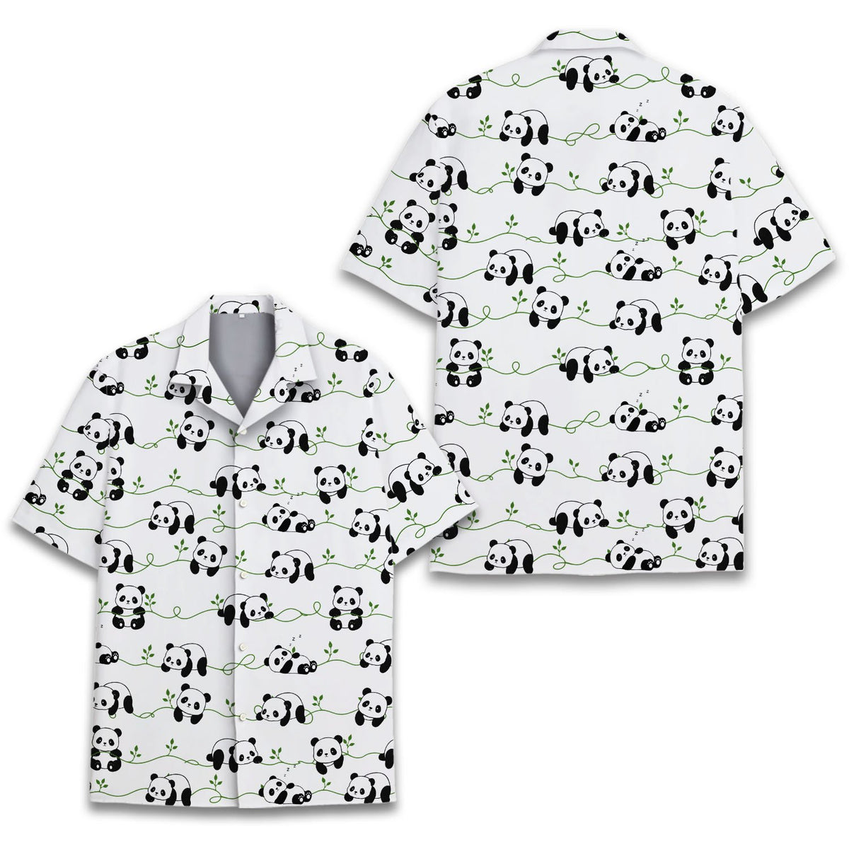 White panda hawaiian shirt with green vines, front view