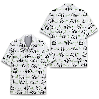 White panda hawaiian shirt with green vines, front view